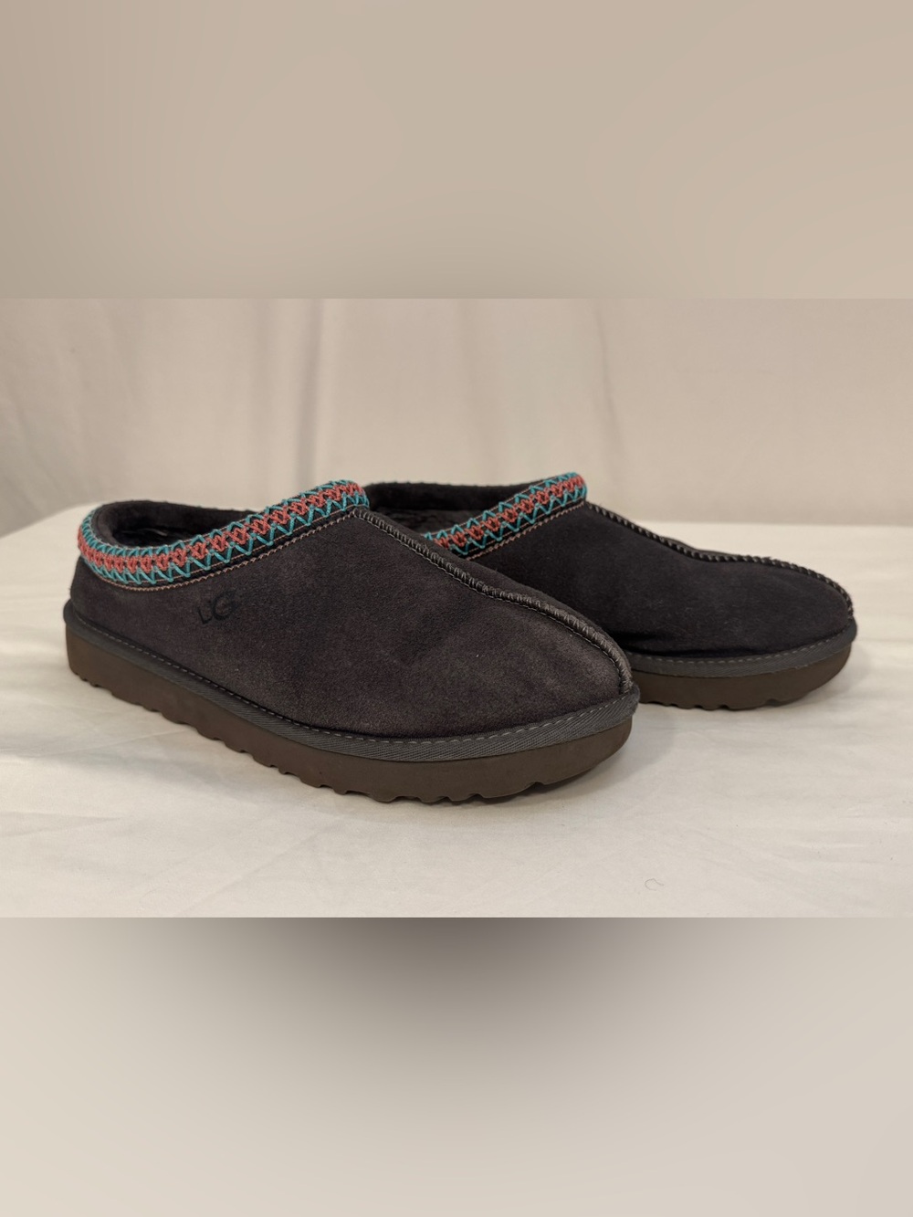 UGG Tasman Slipper Charcoal Grey Teal Coral Braid Trim Suede Clog Women's 10